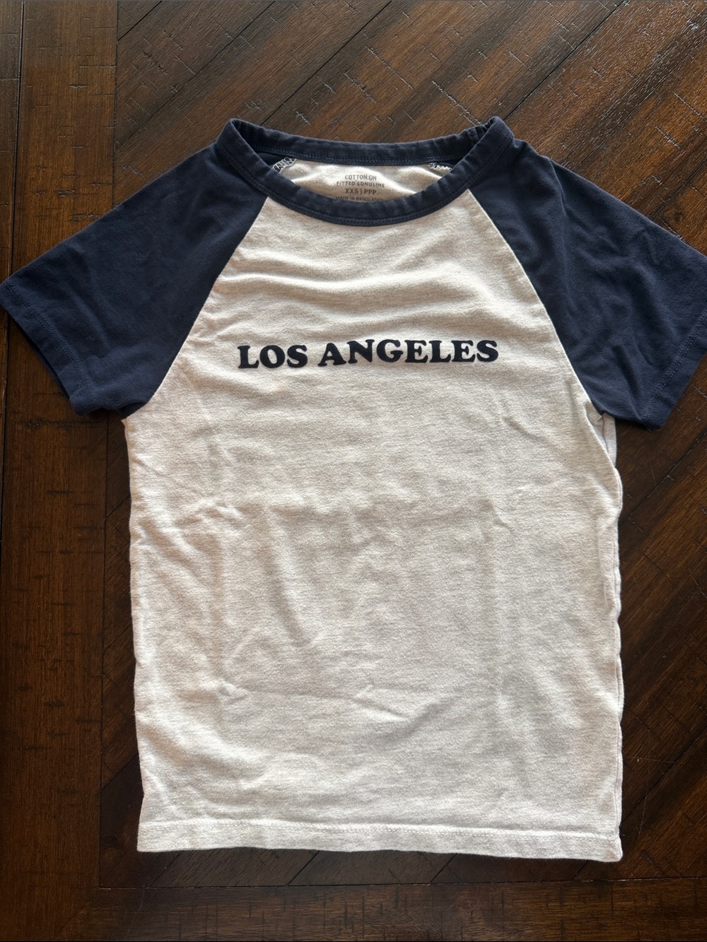 COTTON ON Fitted Longline XXS 'Los Angeles' Raglan Tee - Navy & LIGHT gray